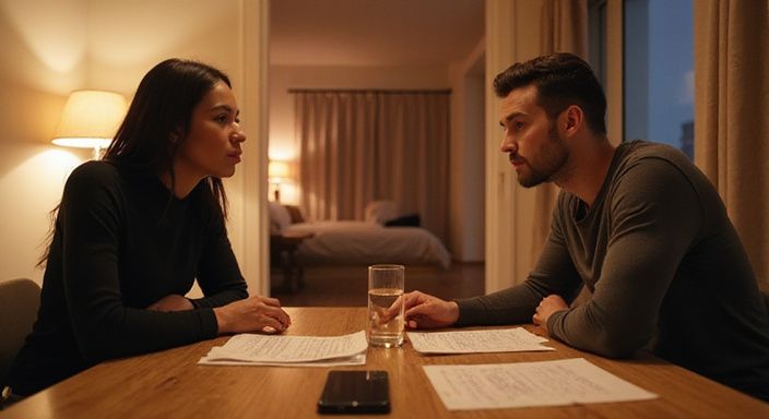 Twee volwassenen bespreken gefocust aantekeningen aan een houten tafel. Twee volwassenen bespreken BDSM sexcontact in Tilburg aan een houten tafel.