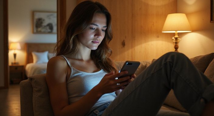 Een vrouw ontspannen op een moderne sofa met haar smartphone. Een vrouw ontspannen op een moderne sofa met haar smartphone op zoek naar BDSM sexcontact in Tilburg.