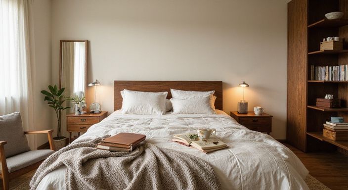 Een serene slaapkamer met luxe meubels en comfortabele inrichting. Een serene slaapkamer met luxe meubels en comfortabele inrichting.