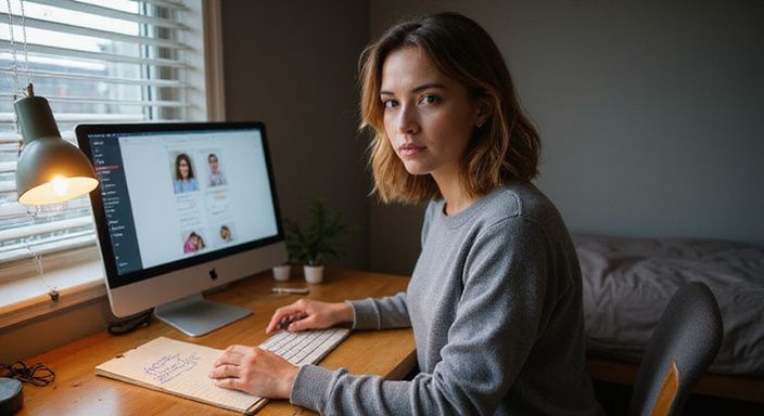Een vrouw in haar late twintig zit geconcentreerd aan haar bureau. Een vrouw in haar late twintig zit geconcentreerd aan haar bureau.