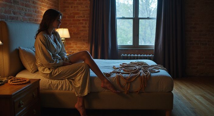 Een vrouw in een zijden rok zit op een bed met bondage-accessoires. Een vrouw in een zijden rok zit op een bed met bondage-accessoires wil BDSM sexcontact in Tilburg.